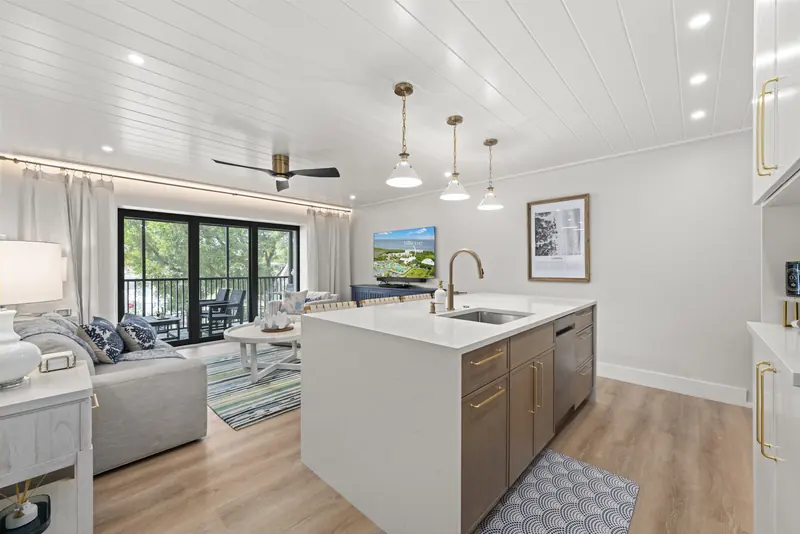 Kitchen island opening to the living room